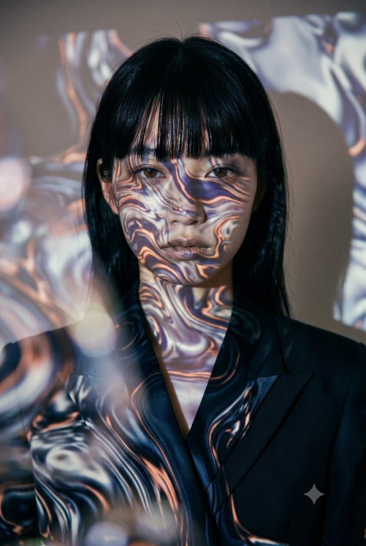 A woman with black hair and bangs wears a dark suit, with abstract, colorful light patterns projected onto her face and body.