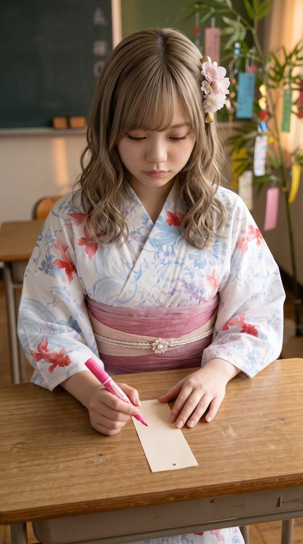 A young woman with blonde hair and bangs, wearing a yukata with a floral and goldfish pattern, sits at a wooden desk and writes on a strip of paper with a pink marker.