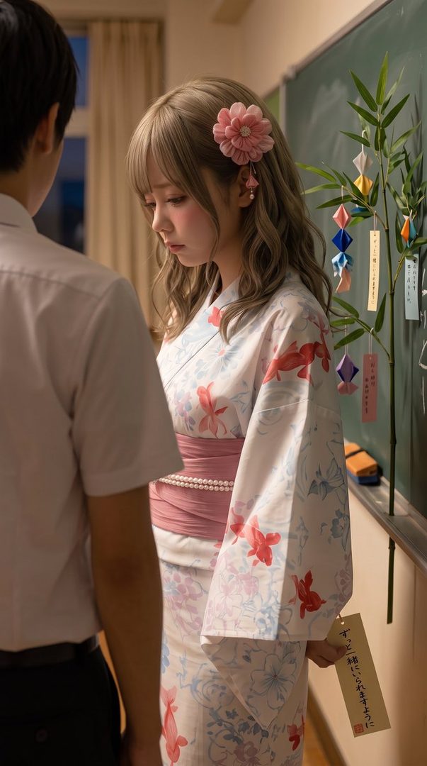 A young woman in a white and pink yukata with a flower hair accessory stands in a classroom, holding a tanabata wish strip.