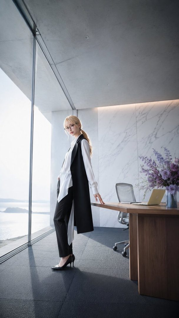 A blonde woman in a black and white business outfit stands in a modern office with a large window overlooking the ocean.