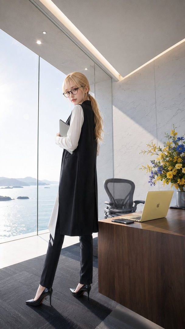 A blonde woman in a black and white business outfit stands in a modern office with a panoramic window overlooking the ocean.