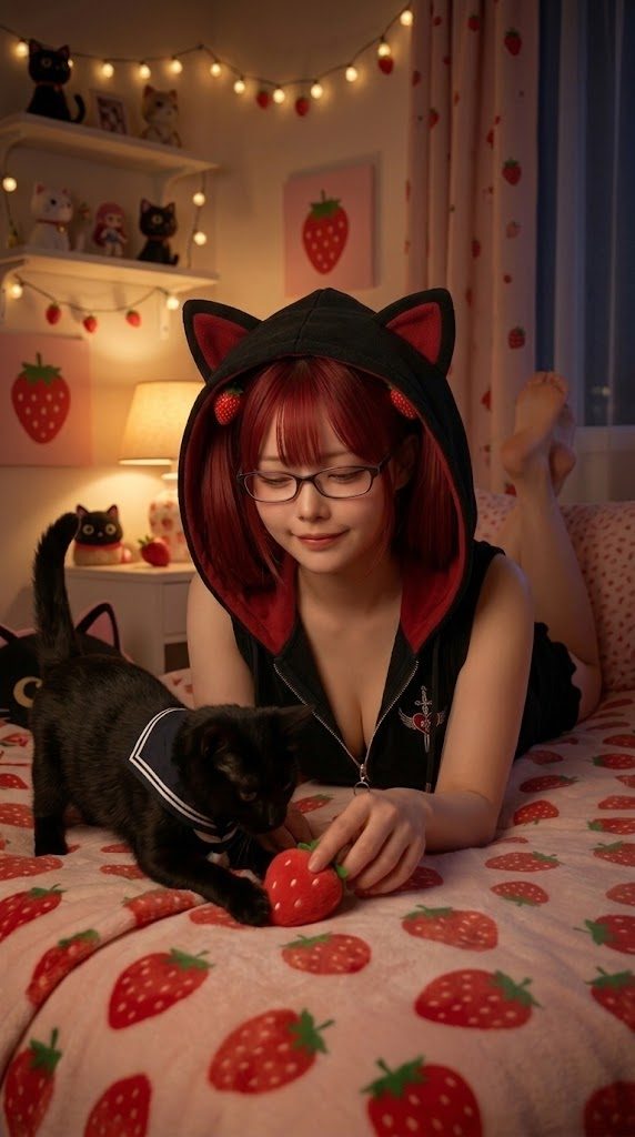 A red-haired woman in a black cat-ear hoodie and glasses lies on a strawberry-patterned bed with a black cat, holding a strawberry toy.