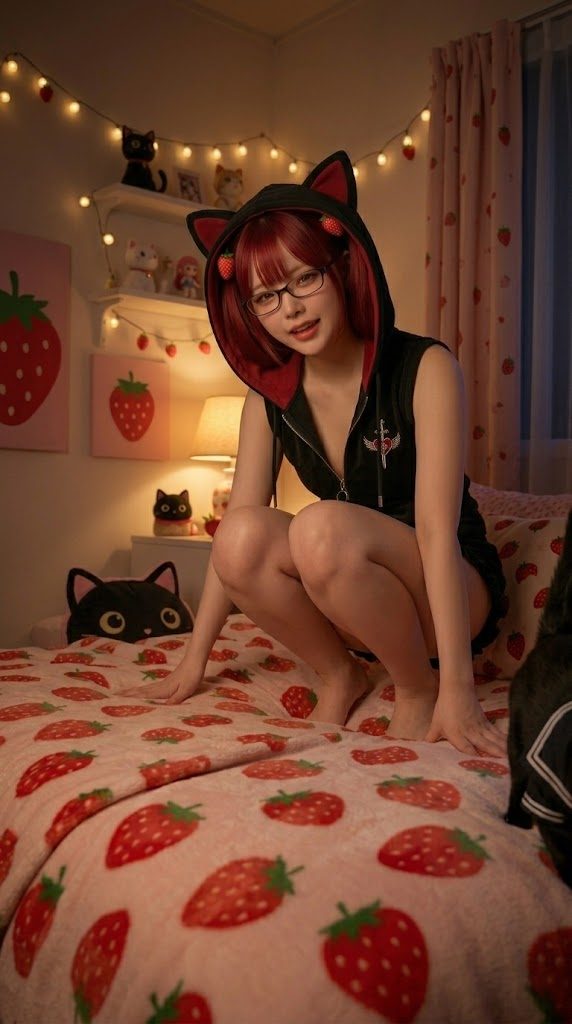 A young woman with red hair and glasses, wearing a black cat-eared hoodie, crouches on a strawberry-patterned bedspread in a cozy bedroom decorated with string lights and strawberry art.