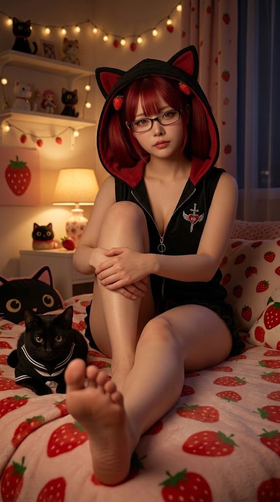 A red-haired woman in a black cat-ear hoodie and glasses sits on a strawberry-patterned bed with a black cat.