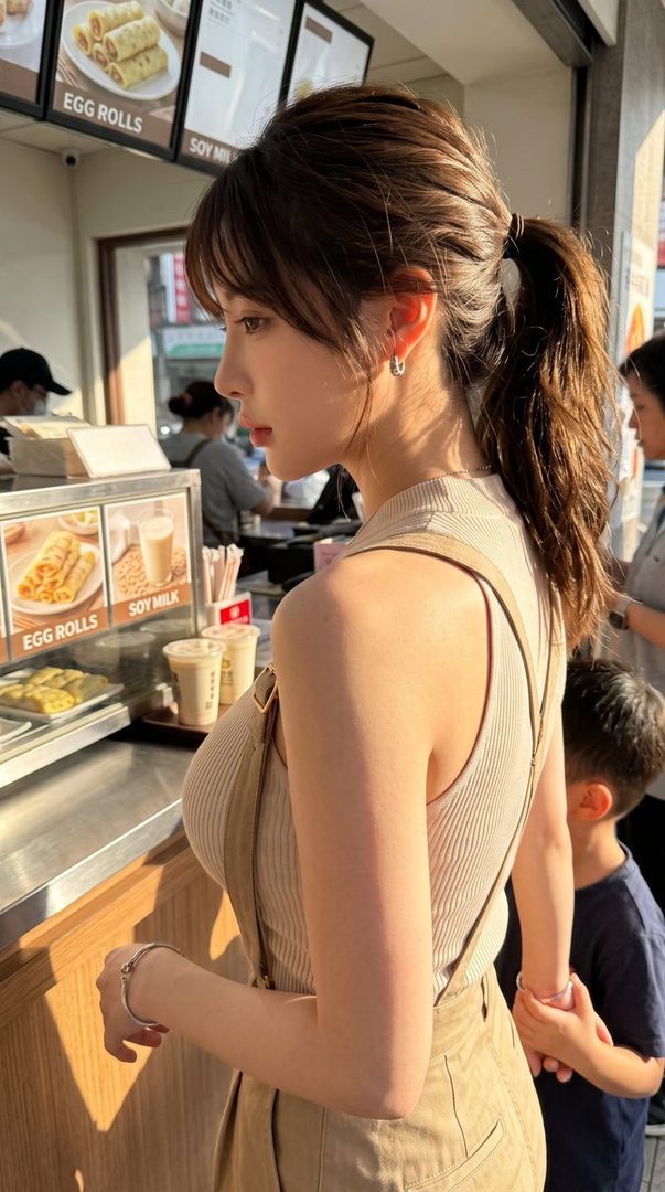 A young woman with brown hair tied in a ponytail, wearing a casual outfit, stands at a food stall on a sunny day.