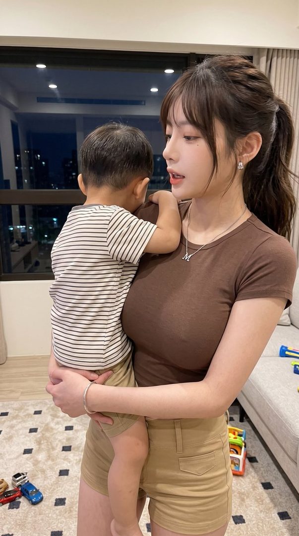 A young woman with brown hair in a ponytail and bangs, wearing a brown t-shirt and khaki shorts, holds a child in an indoor setting at night.