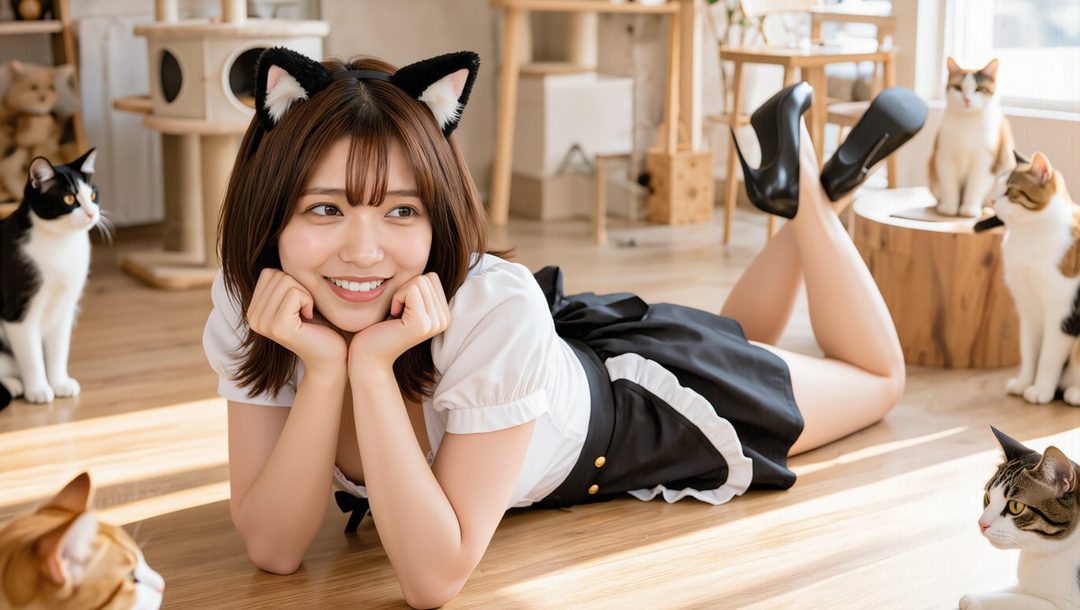 A smiling woman with cat ears and a maid outfit lies on a wooden floor surrounded by cats in a bright indoor setting.