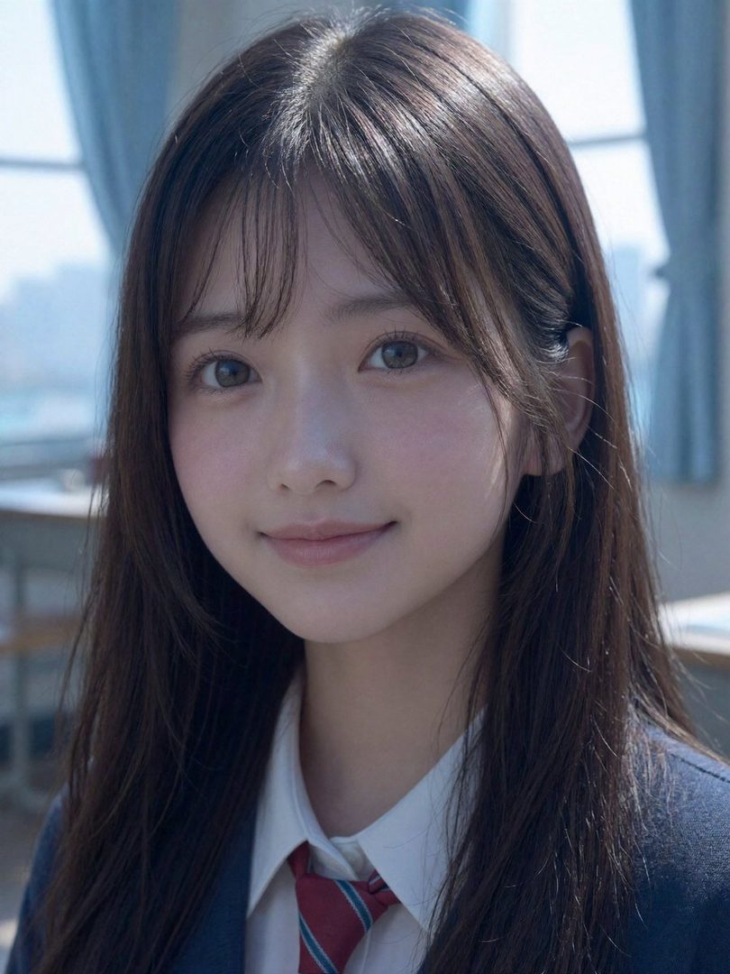A photorealistic portrait of a young East Asian woman with long brown hair and bangs, wearing a school uniform, smiling gently indoors.