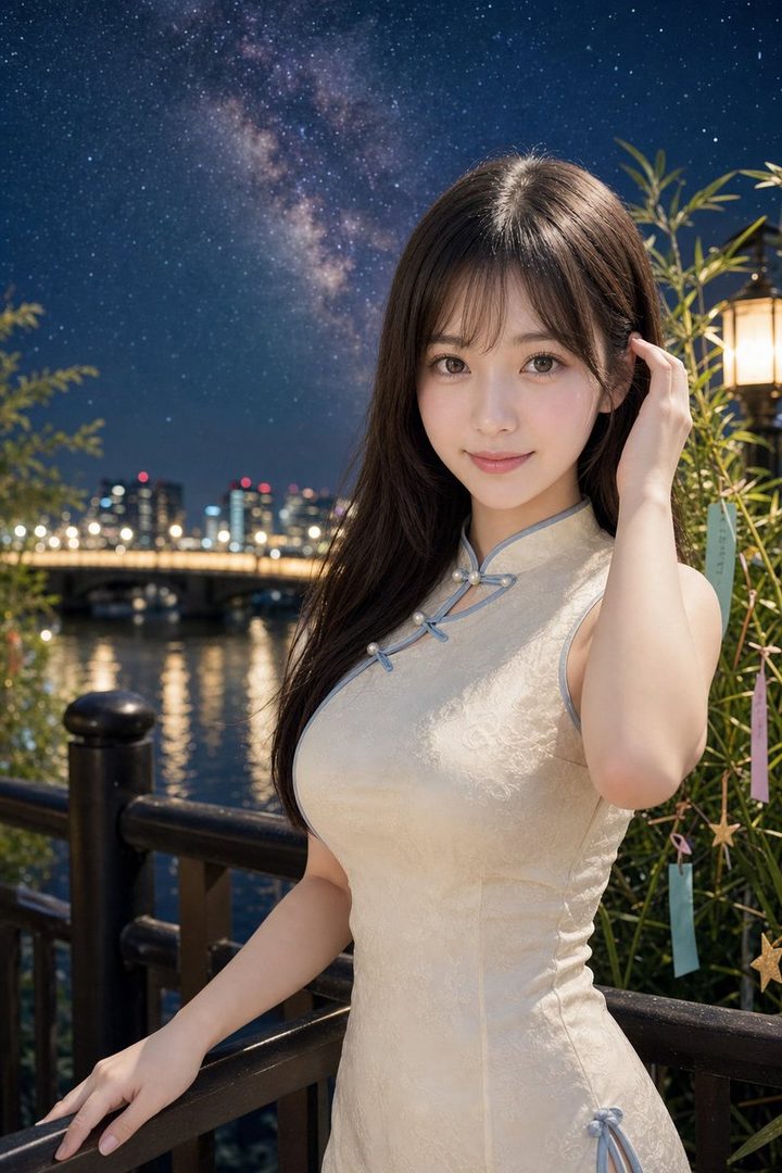 A beautiful woman in a light-colored cheongsam stands by a railing at night with a city skyline and starry sky in the background.