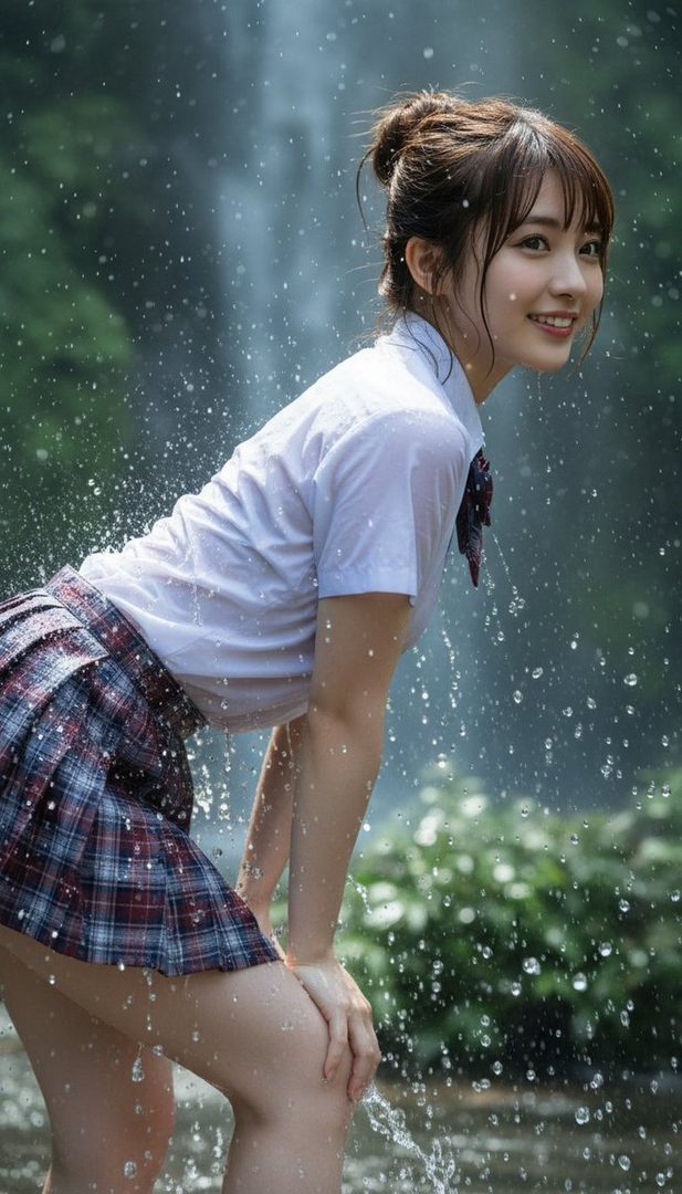 A young woman in a school uniform is smiling while being splashed with water outdoors.