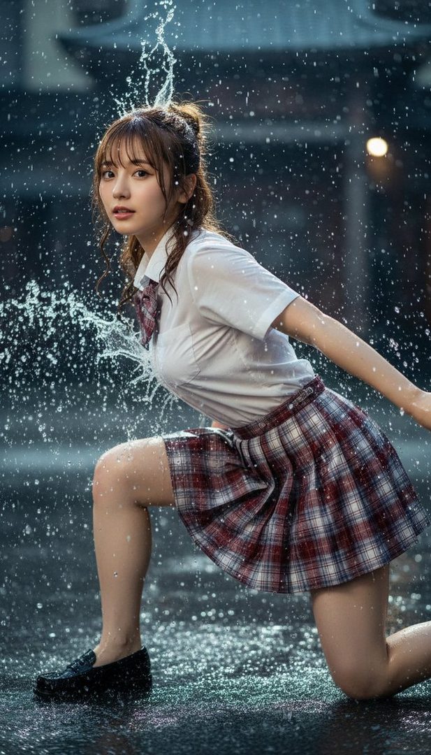 A young woman in a school uniform is kneeling in the rain, with water splashing around her.