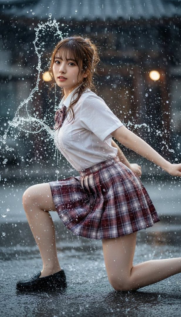 A young woman in a school uniform kneels in the rain, with water splashing around her.