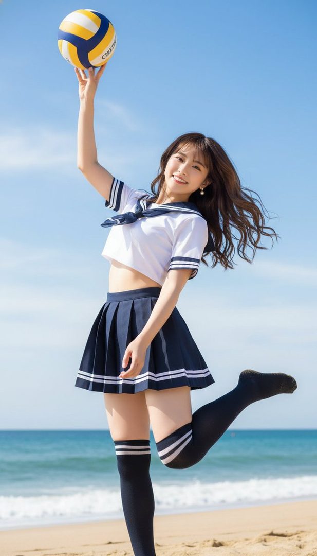 A young woman in a sailor school uniform poses playfully on a sunny beach, holding a volleyball above her head.