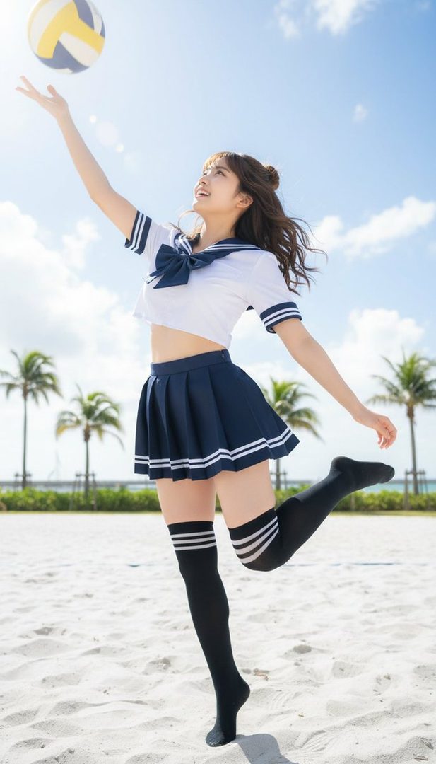 A young woman in a Japanese school uniform plays volleyball on a sunny beach.
