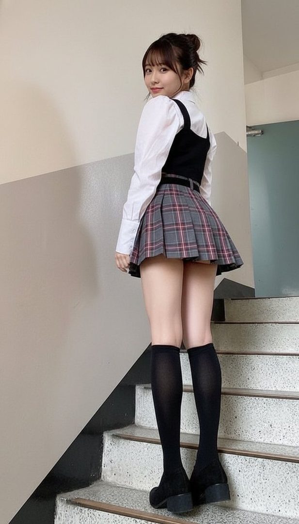 A young woman in a school uniform with a plaid skirt and knee-high socks stands on a staircase, looking back at the camera.