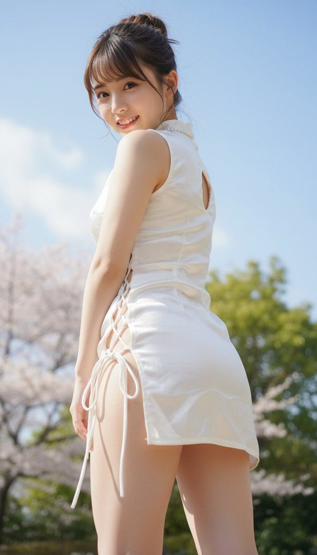 A young woman in a white lace-up dress smiles over her shoulder outdoors with cherry blossoms in the background.