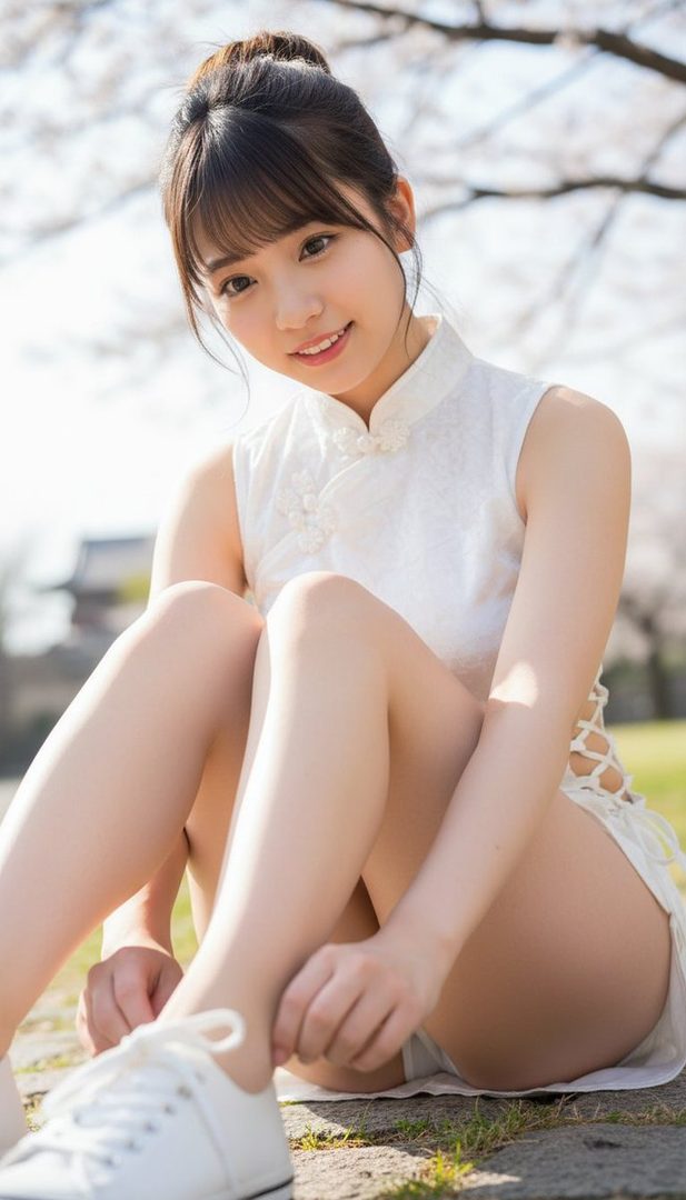 A young woman in a white cheongsam dress sits outdoors with cherry blossoms in the background.