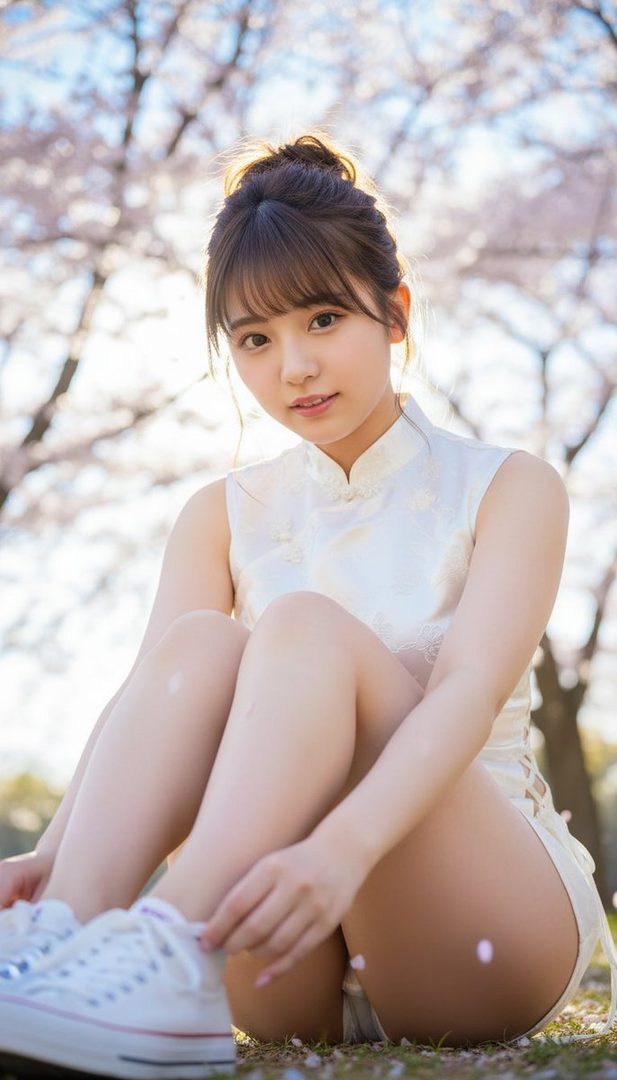 A young woman with brown hair and bangs, wearing a white dress, sits outdoors among cherry blossoms.