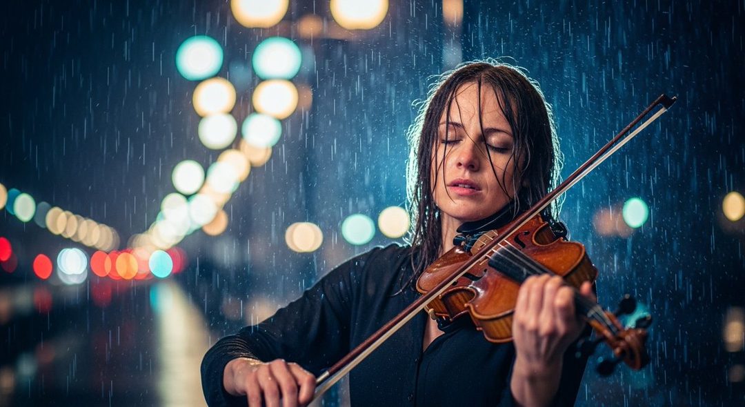 A woman with closed eyes plays the violin in the rain at night, with blurred city lights in the background.