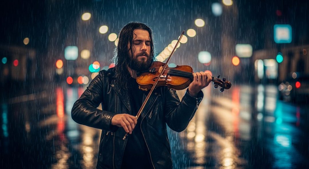 A man with long dark hair and a beard plays a violin in the rain at night on a city street, with blurred lights in the background.