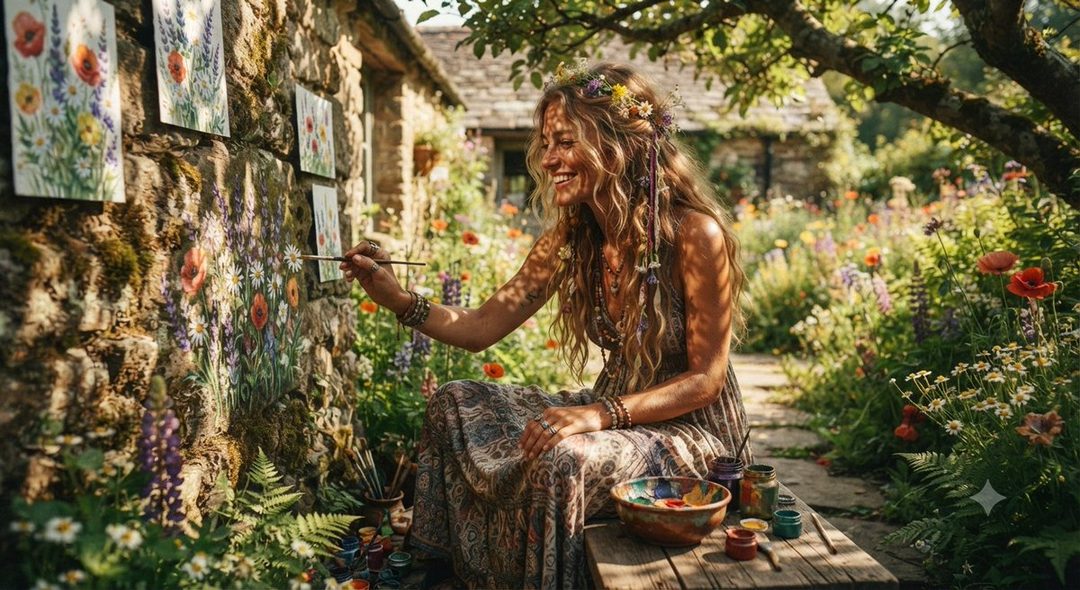 A smiling woman with long blonde hair and a flower crown sits in a lush garden, painting flowers on a stone wall.