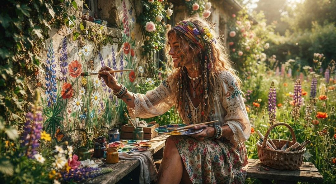 A smiling woman with long blonde hair and a floral headband paints flowers on a wall in a lush garden.