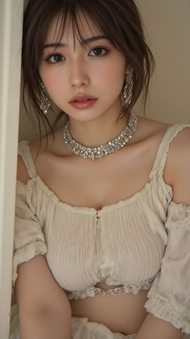 A beautiful woman with brown hair and bangs wears a white blouse and sparkling jewelry, looking directly at the camera.