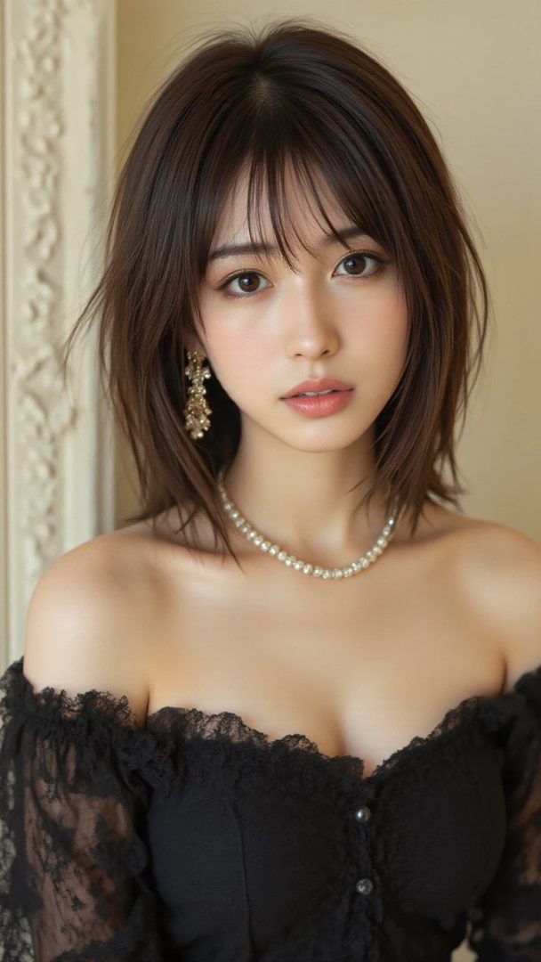 A beautiful woman with short brown hair and bangs wears a black off-the-shoulder top and a pearl necklace, looking directly at the camera.