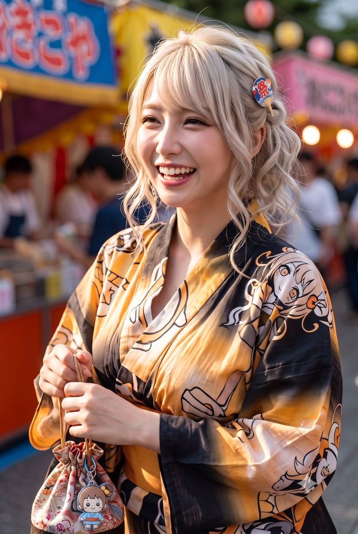 A smiling woman with blonde curly hair and bangs, wearing a yellow and black kimono, holds a small patterned bag while standing outdoors at what appears to be a festival.