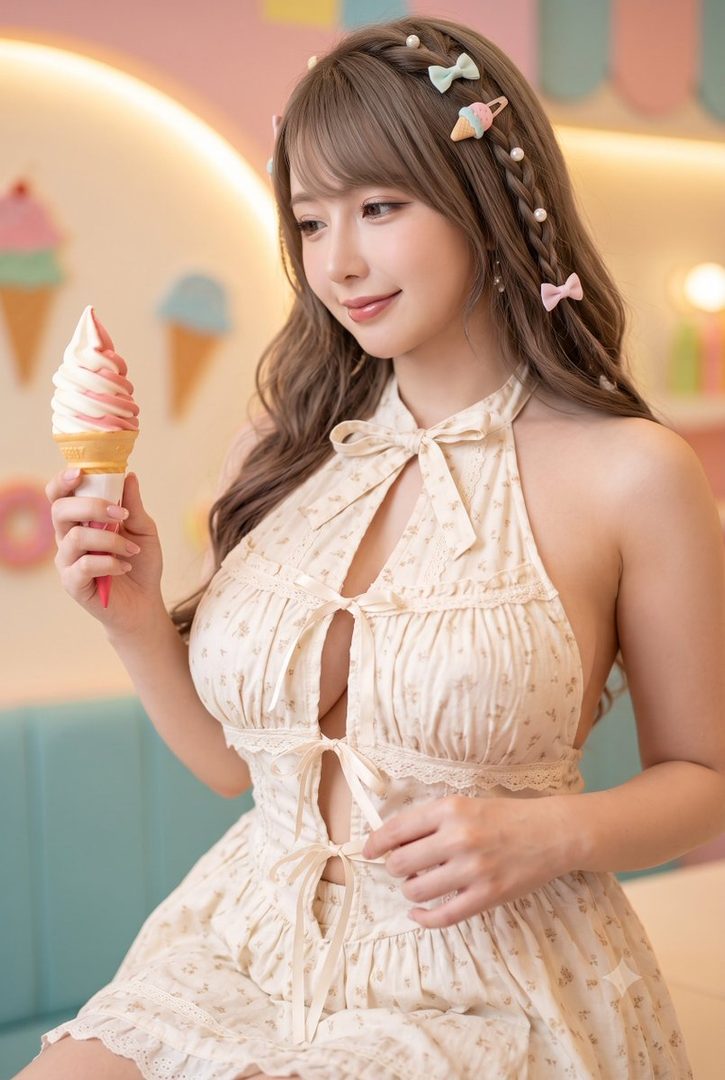 A cute Japanese woman with long brown hair and braids, adorned with small hair clips, holds a soft-serve ice cream cone indoors.