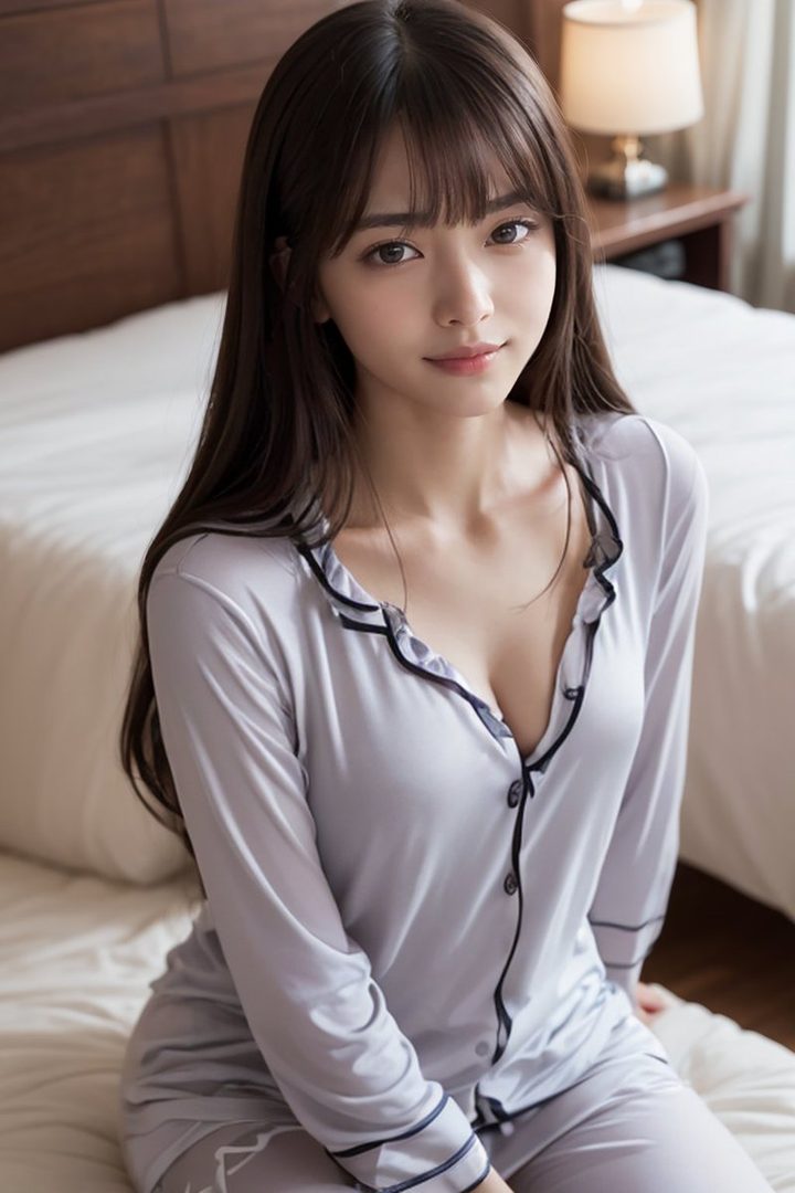 A beautiful woman with long brown hair and bangs, wearing light grey pajamas, sits on a bed in a bedroom.