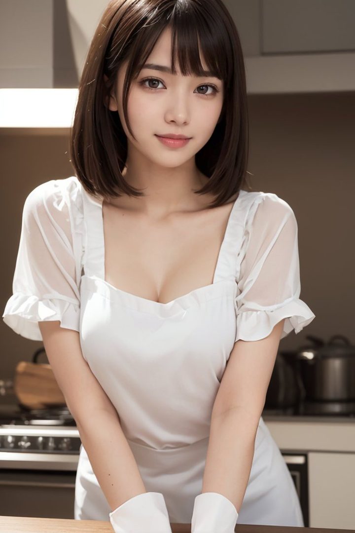 A photorealistic portrait of a young woman with short brown hair and bangs, wearing a white blouse, standing in a kitchen.
