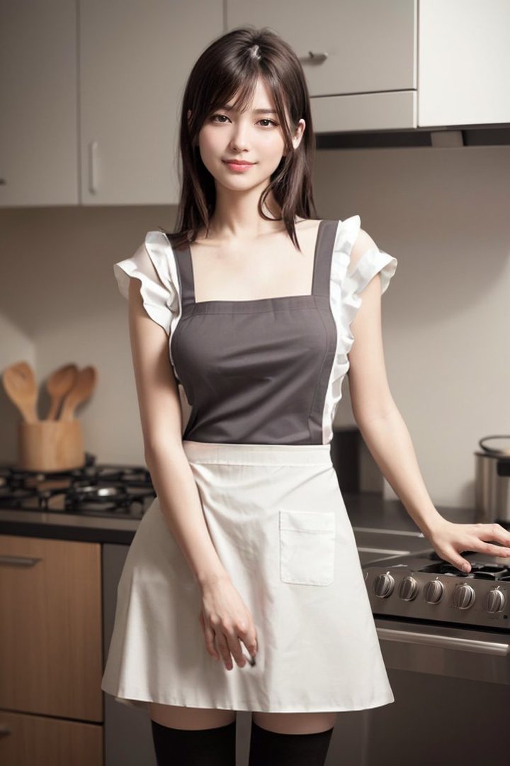 A young woman with long brown hair and bangs, wearing a grey and white apron, stands in a modern kitchen.
