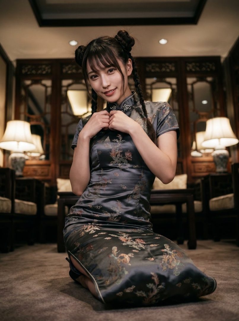 A young woman with braided hair and bangs, wearing a traditional Chinese dress, kneels on the floor in an indoor setting with ornate wooden furniture and lamps.