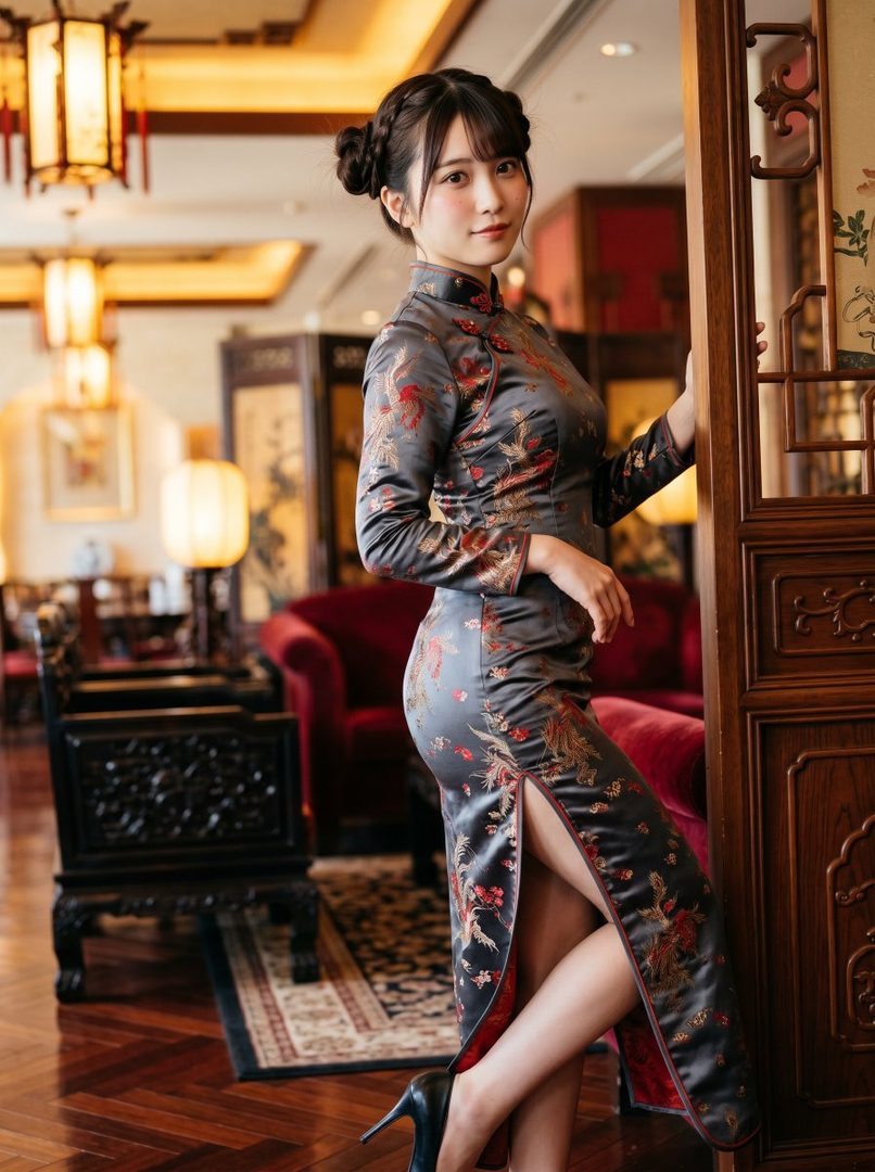 A young woman in a traditional Chinese dress with a high slit stands elegantly in an ornate indoor setting.