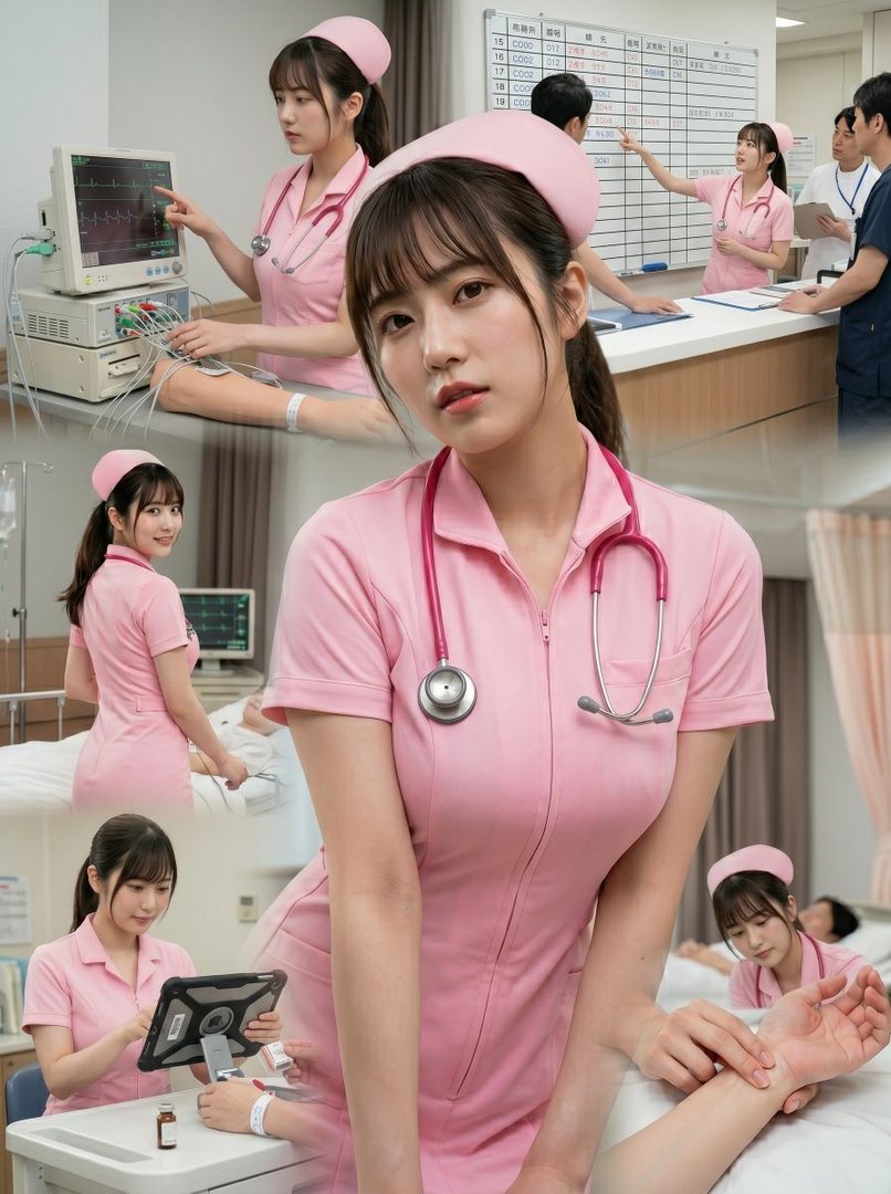 A collage of a young woman in a pink nurse uniform, shown in various hospital settings, including checking a monitor, interacting with patients, and working at a desk.