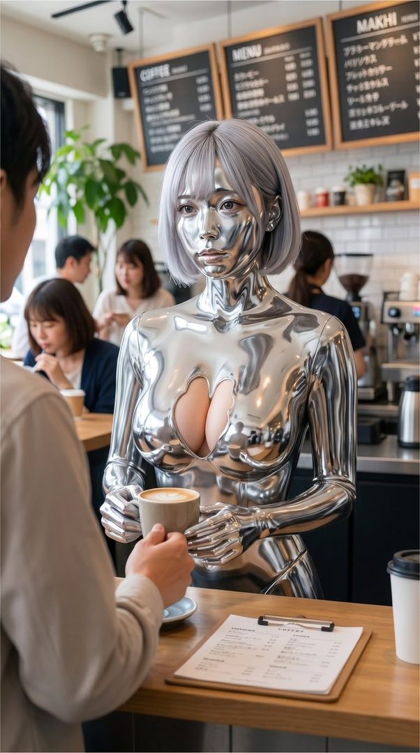 A photorealistic image of a silver-skinned android woman with short silver hair, wearing a metallic top, serving coffee to a customer in a cafe.