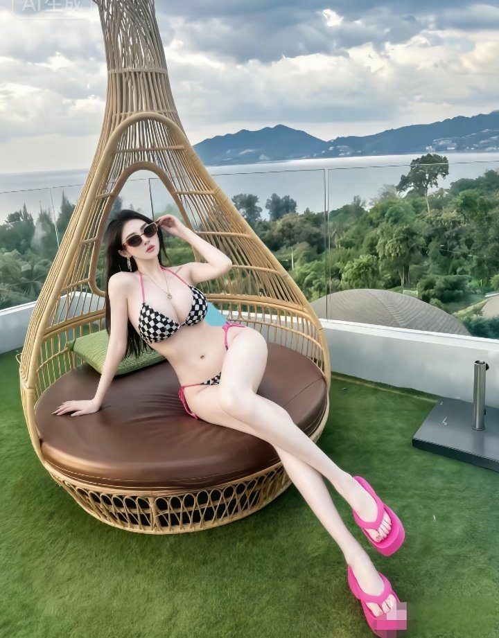 A woman in a checkered bikini and pink flip-flops sits in a wicker chair on a rooftop with a scenic ocean and mountain view.
