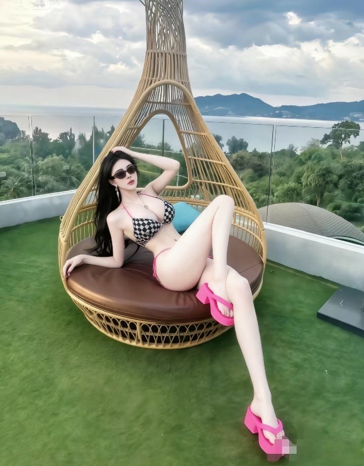 A woman in a checkered bikini and pink flip-flops relaxes on a wicker chair on a rooftop overlooking the ocean.