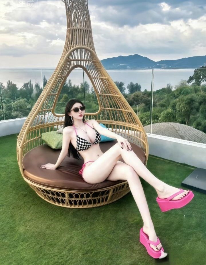 A woman in a checkered bikini and pink platform sandals sits on a hanging chair on a rooftop overlooking the ocean.