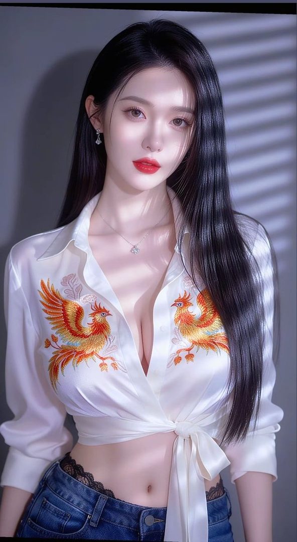 A photorealistic portrait of a woman with long black hair, wearing a white blouse with phoenix embroidery and jeans, looking directly at the camera.
