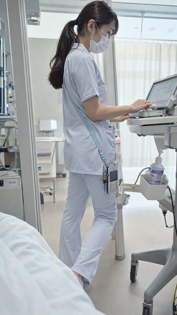 A young woman in a nurse's uniform and face mask stands in a hospital room, looking at a medical device.