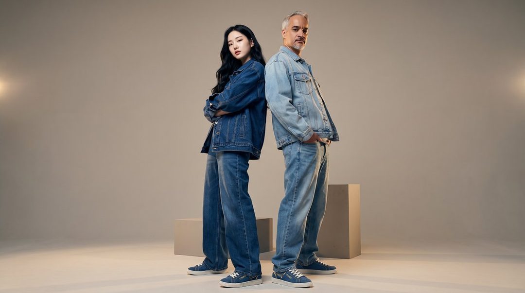 A man and a woman in denim outfits stand back-to-back in a studio setting.