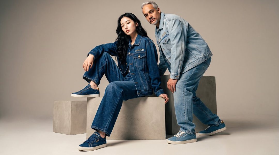 A man and a woman in denim outfits pose in a studio setting, showcasing fashion.