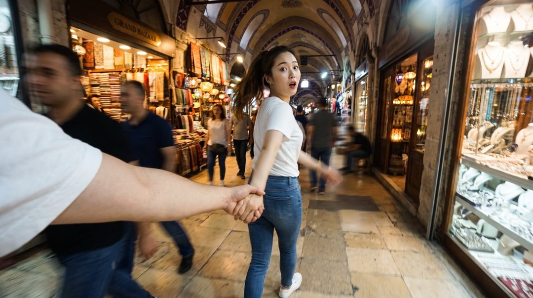 A young woman with brown hair in a ponytail, wearing a white t-shirt and jeans, is being led by the hand through a bustling indoor market, looking back with a surprised expression.