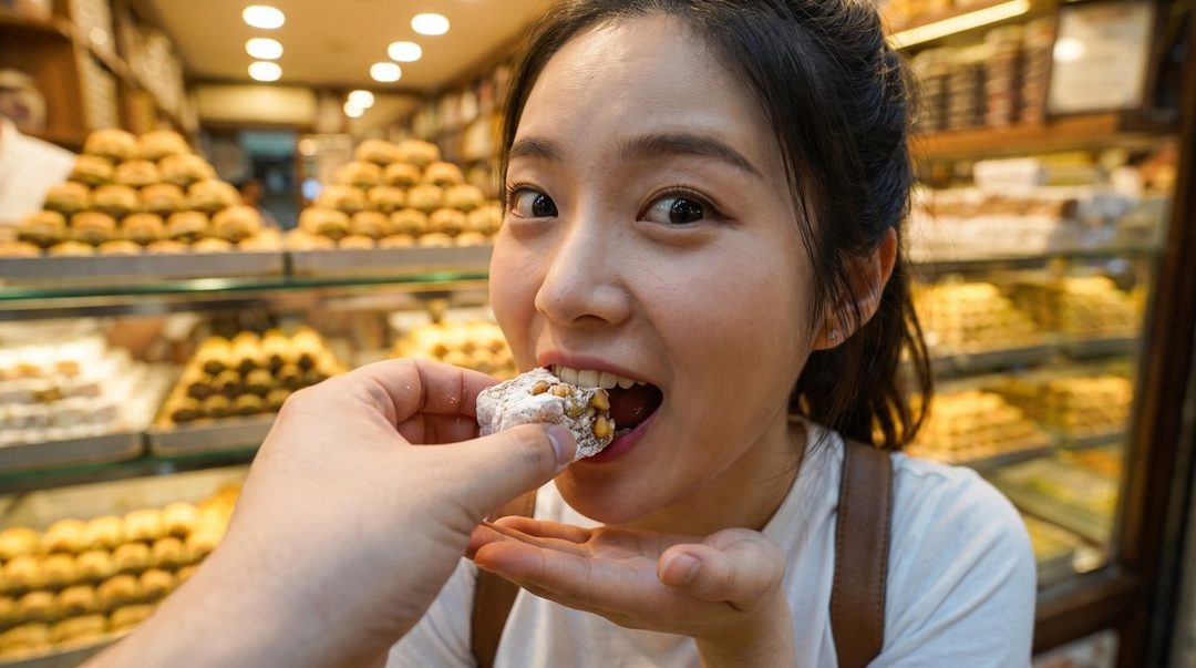 A young East Asian woman with black hair is happily eating a Turkish delight, being fed by a hand, in a brightly lit indoor market with many sweets on display.