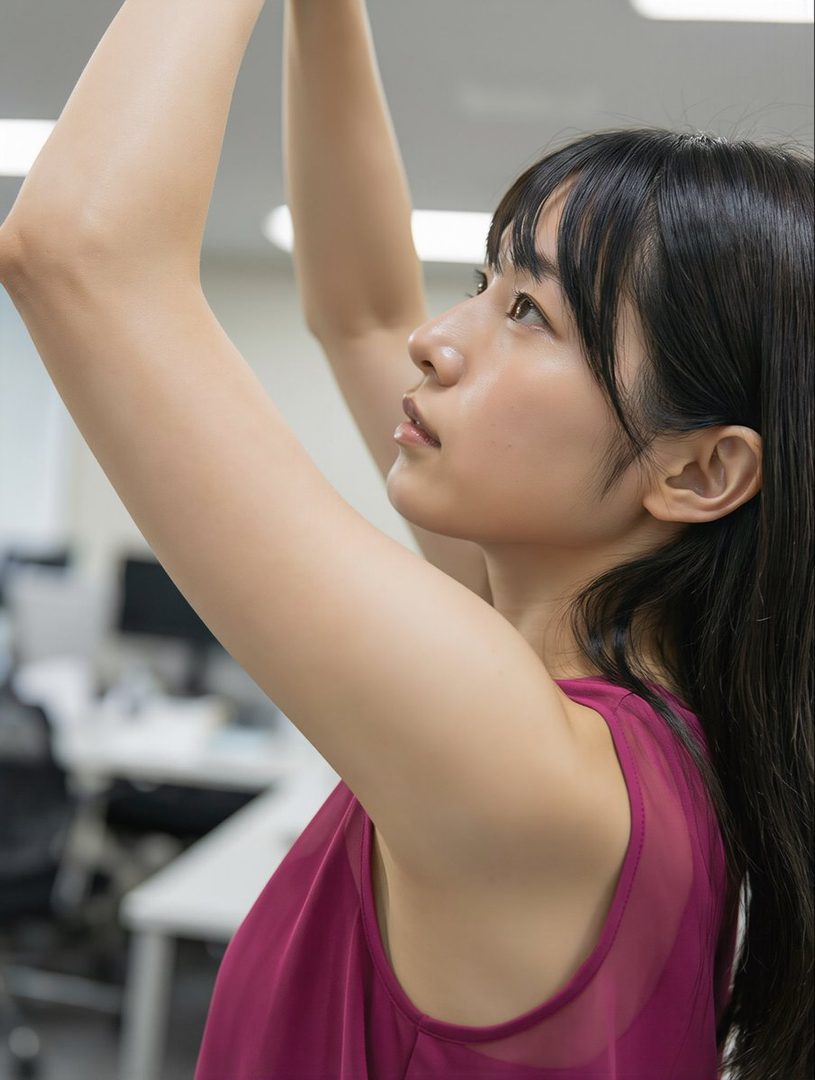 A young woman with long black hair and bangs, wearing a sheer magenta top, looks upwards in an indoor setting.