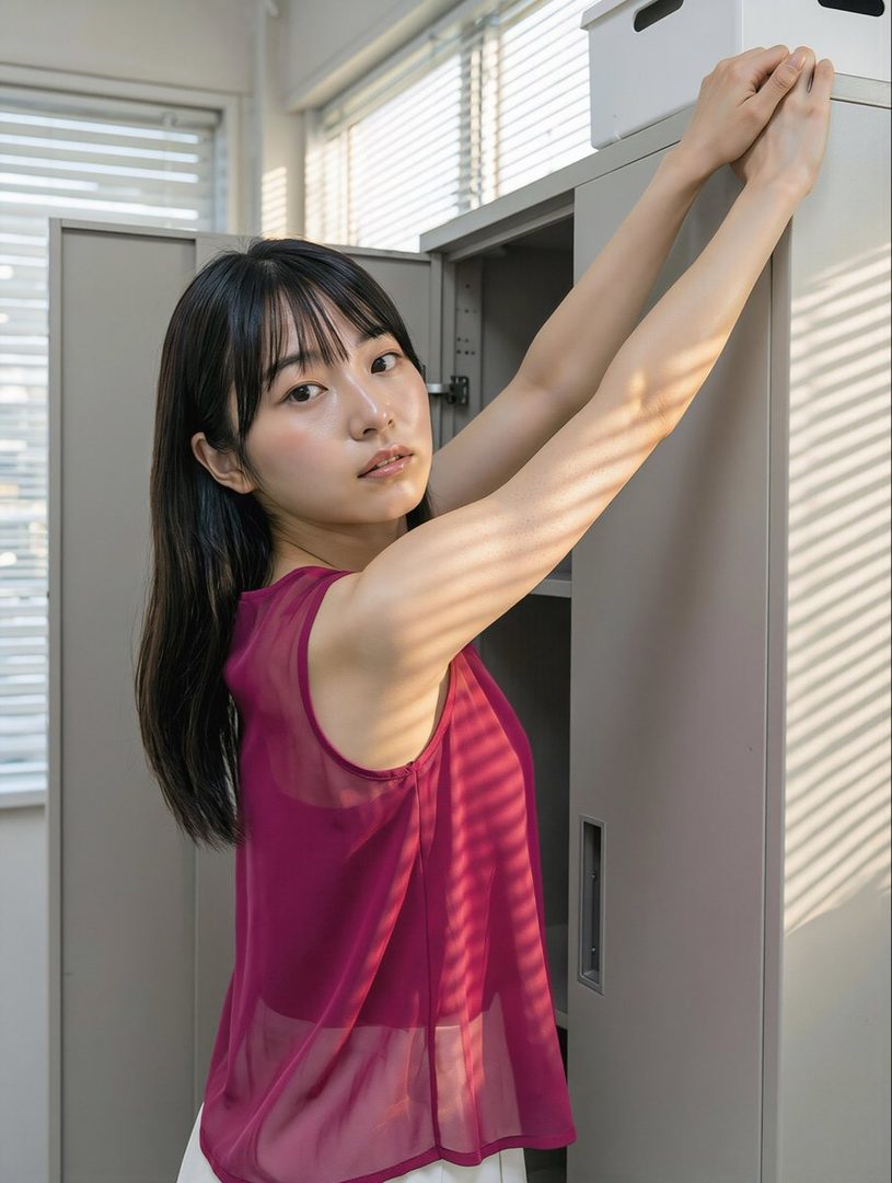 A young woman with long black hair and bangs, wearing a sheer magenta top, reaches up to a locker in an indoor setting with window blinds creating striped shadows.