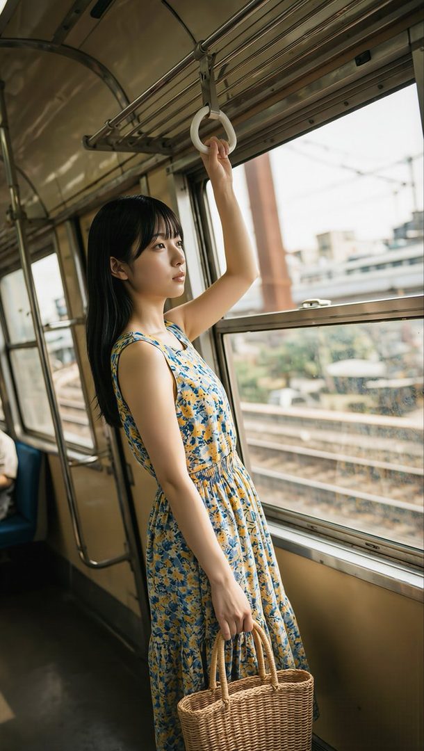 A young woman with long black hair and a floral dress stands in a train, holding onto a strap and looking out the window.