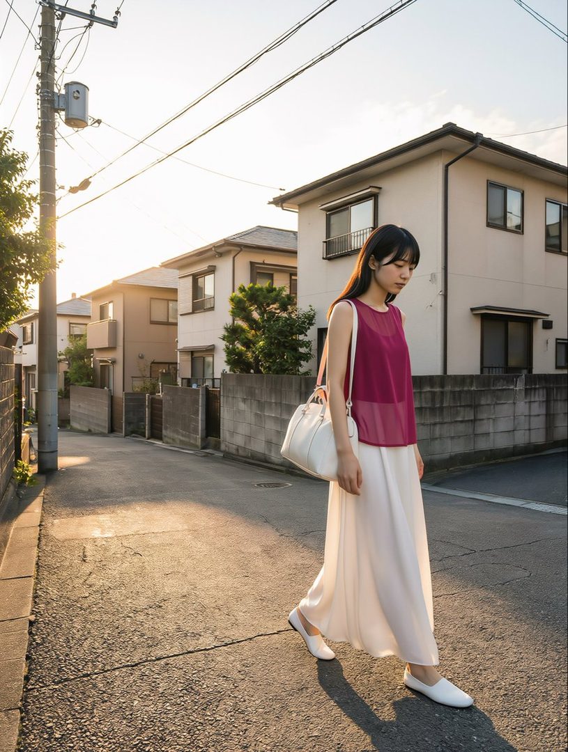 A young woman with long black hair walks down a residential street at golden hour, wearing a magenta top and a white long skirt.
